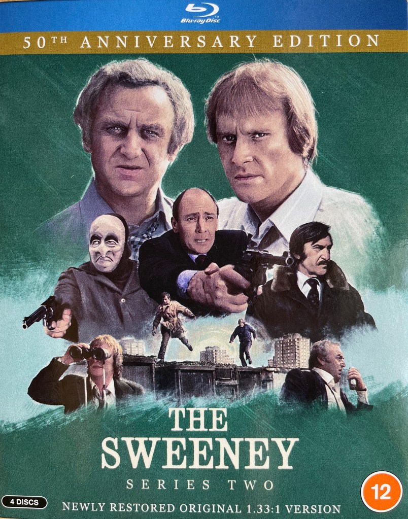 Front cover for The Sweeney Series 2 on Blu-ray, showing a large colour image of Regan and Carter, played by John Thaw and Dennis Waterman. Below them are images from the series including Carter chasing a criminal, Haskins pointing a gun, Regan talking into a handheld radio, and a couple of other criminals.