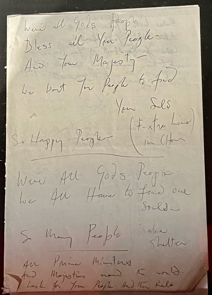 Freddie Mercury's handwritten lyrics for All God's People.