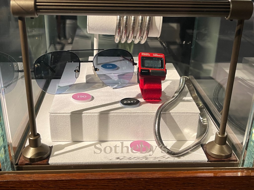 Front view of a glass case containing a silver bangle designed like a snake, a silver choker, a pair of aviator sunglasses, an a red digital watch.