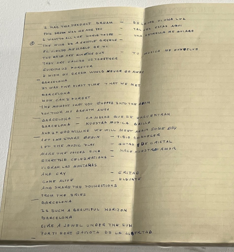Freddie Mercury's handwritten lyrics, in block capitals, for the song Barcelona.