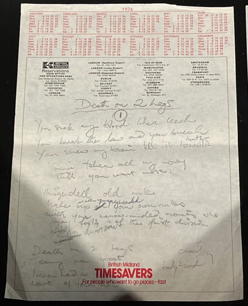 Freddie Mercury's handwritten lyrics for Death On Two Legs.