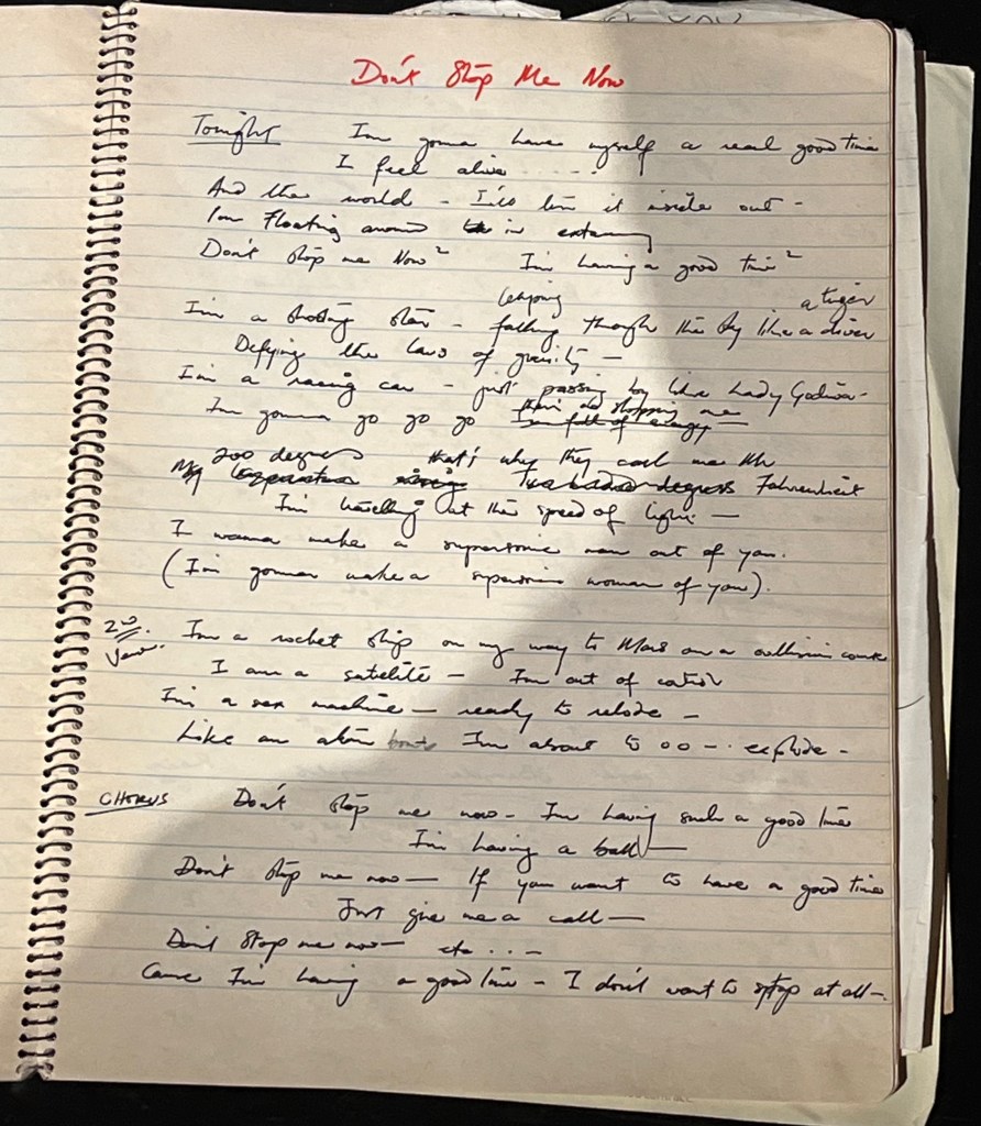 Freddie Mercury's handwritten lyrics for Don't Stop Me Now.