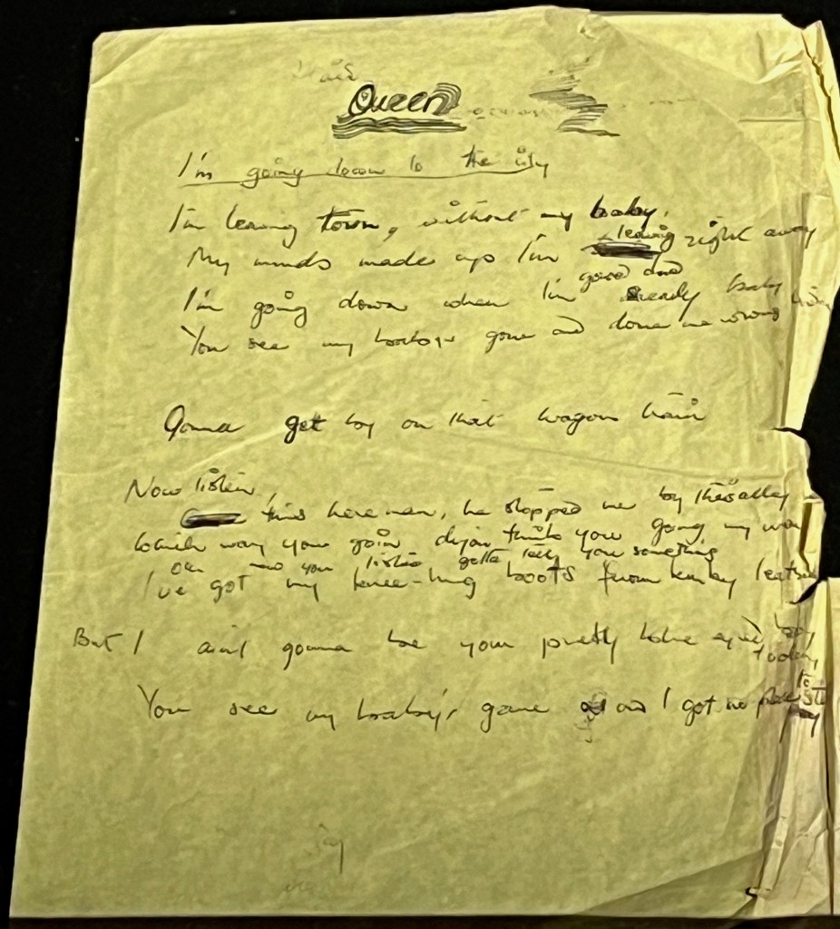 Freddie Mercury's handwritten lyrics for an unreleased song called I'm Going Down To The City.
