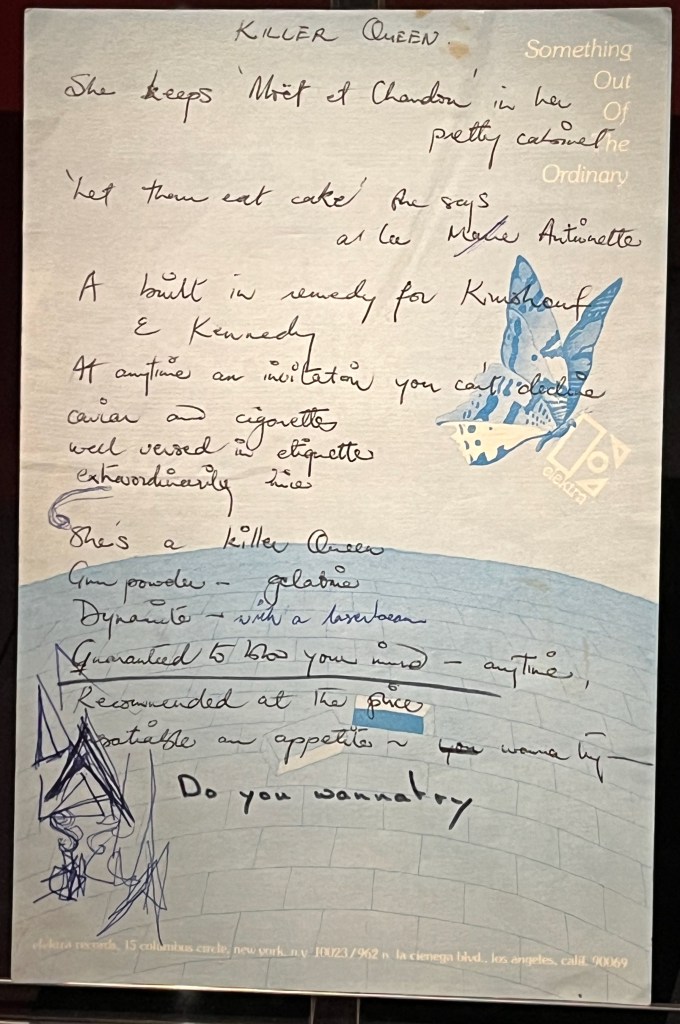 Freddie Mercury's handwritten lyrics for Killer Queen.