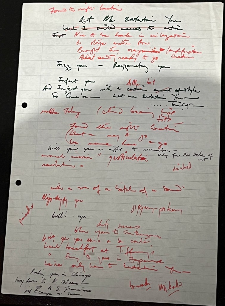 Freddie Mercury's handwritten lyrics for Let Me Entertain You.