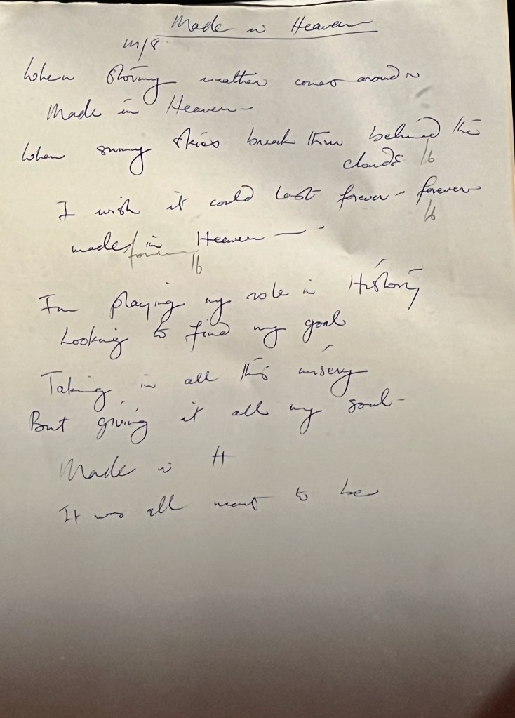 Freddie Mercury's handwritten lyrics for Made In Heaven.