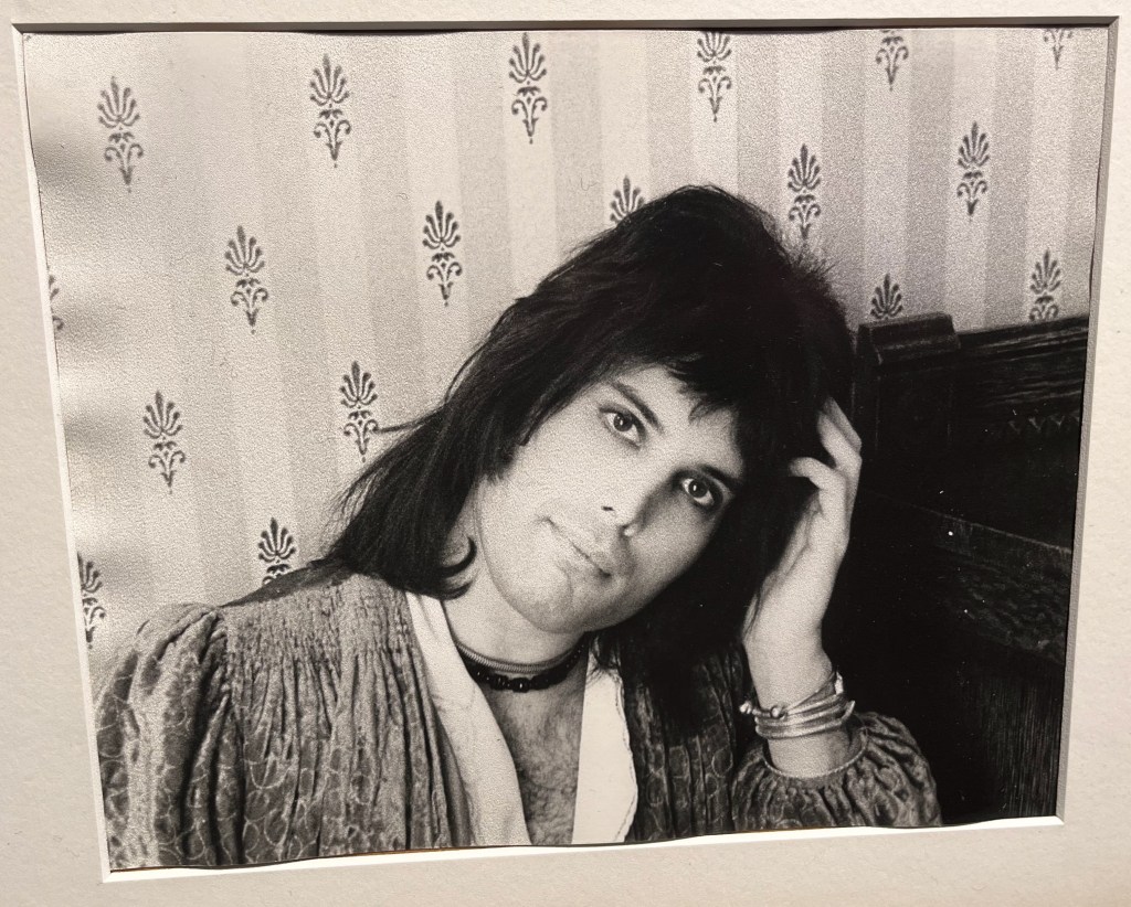 A black and white head and shoulders photo of Freddie Mercury, casually leaning his head on his hand on his left side.