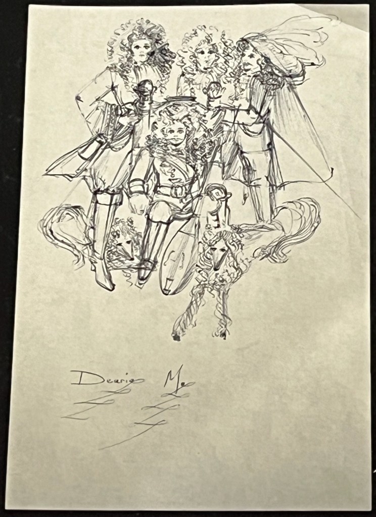 An ink drawing by Freddie Mercury of the 4 members of Queen wearing Cavalier costumes. One of them is seated and holding a lute, and there are also two dogs in the picture.