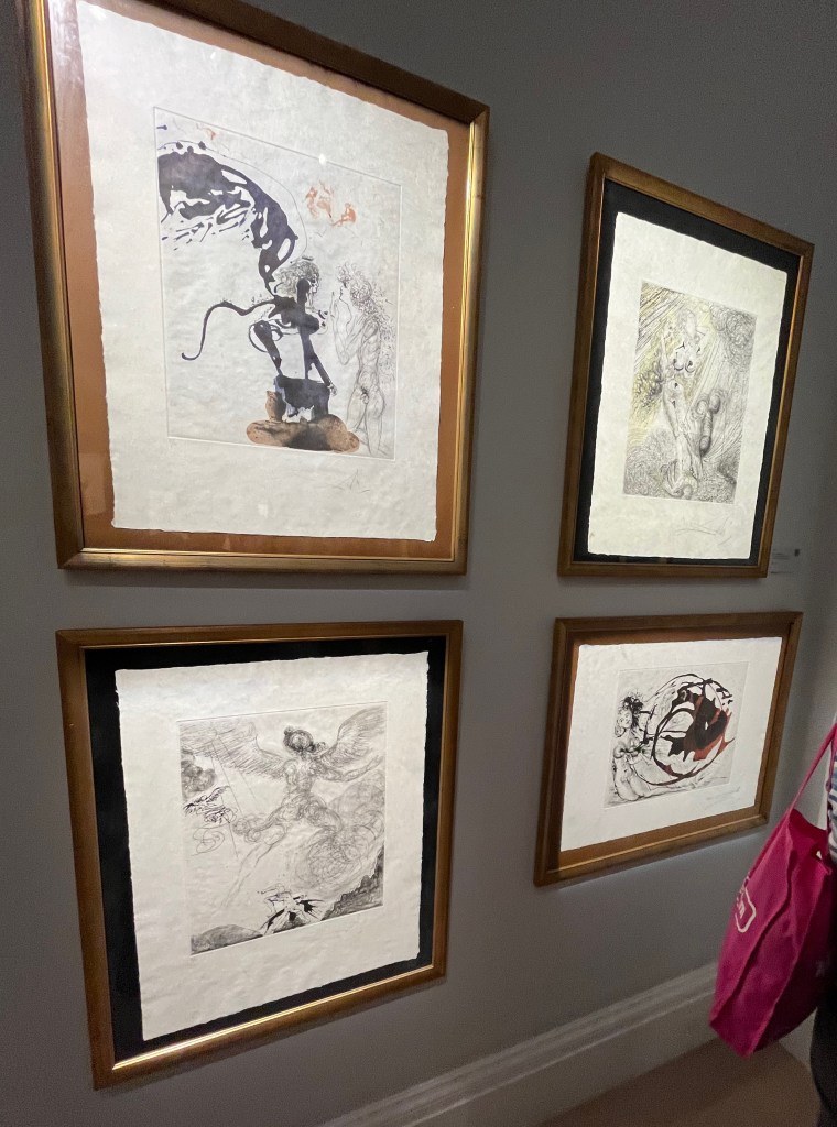 4 prints by Salvador Dali from his Mythology series, in a surrealist style showing people and creatures, mainly in black and white but with occasional areas of colour.
