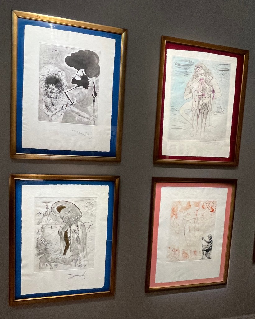 4 prints by Salvador Dali from his Mythology series, in a surrealist style showing people and creatures, mainly in black and white but with occasional spots of colour.