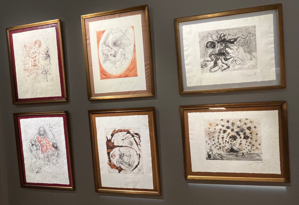 6 prints by Salvador Dali from his Mythology series, in a surrealist style showing people and creatures, mainly in black and white but with occasional areas of colour. his Mythology series, in a surrealist style showing people and creatures, mainly in black and white but with occasional spots of colour.