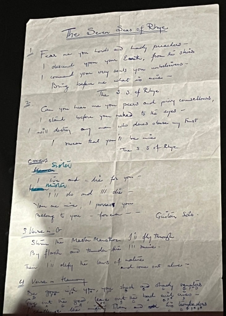 Freddie Mercury's handwritten lyrics for Seven Seas Of Rhye.