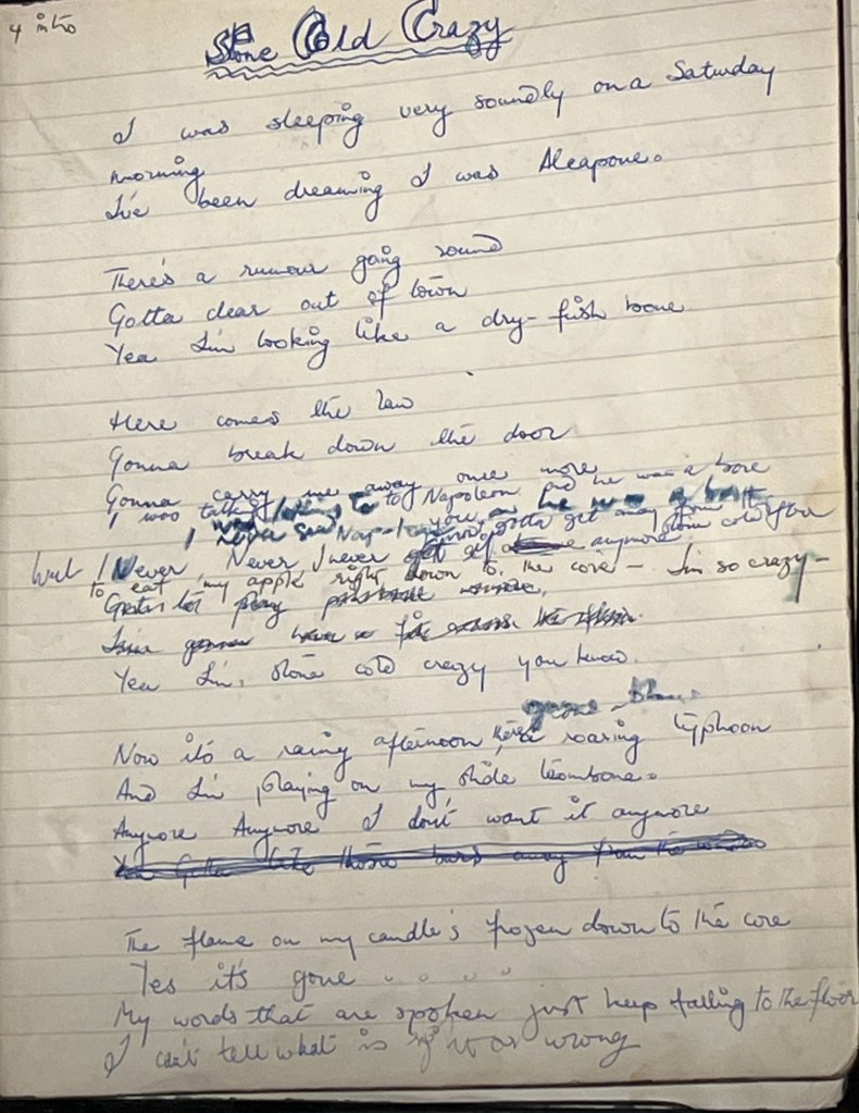 Freddie Mercury's handwritten lyrics for Stone Cold Crazy