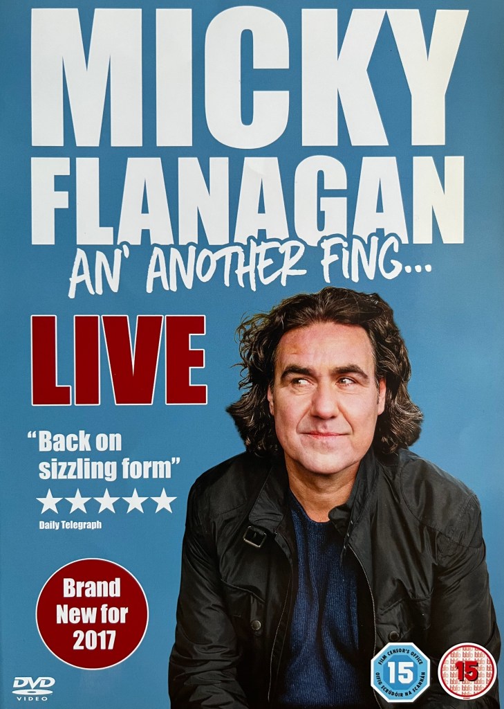 Front cover of the DVD for Micky Flanagan, 'An Another Fing Live, showing a picture of the comedian wearing a black jacket over a navy t-shirt, his eyes glancing to the right at the title.