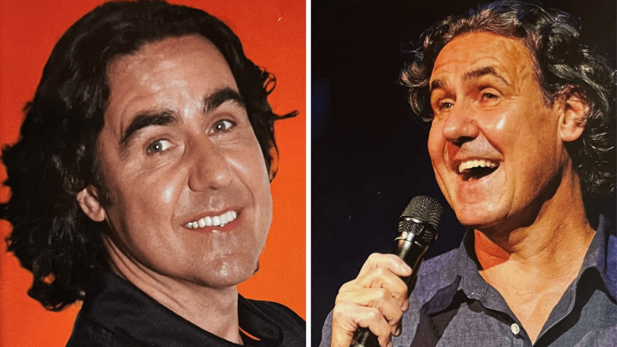 Two photos of comedian Micky Flanagan smiling, in one of which he's also holding a microphone.
