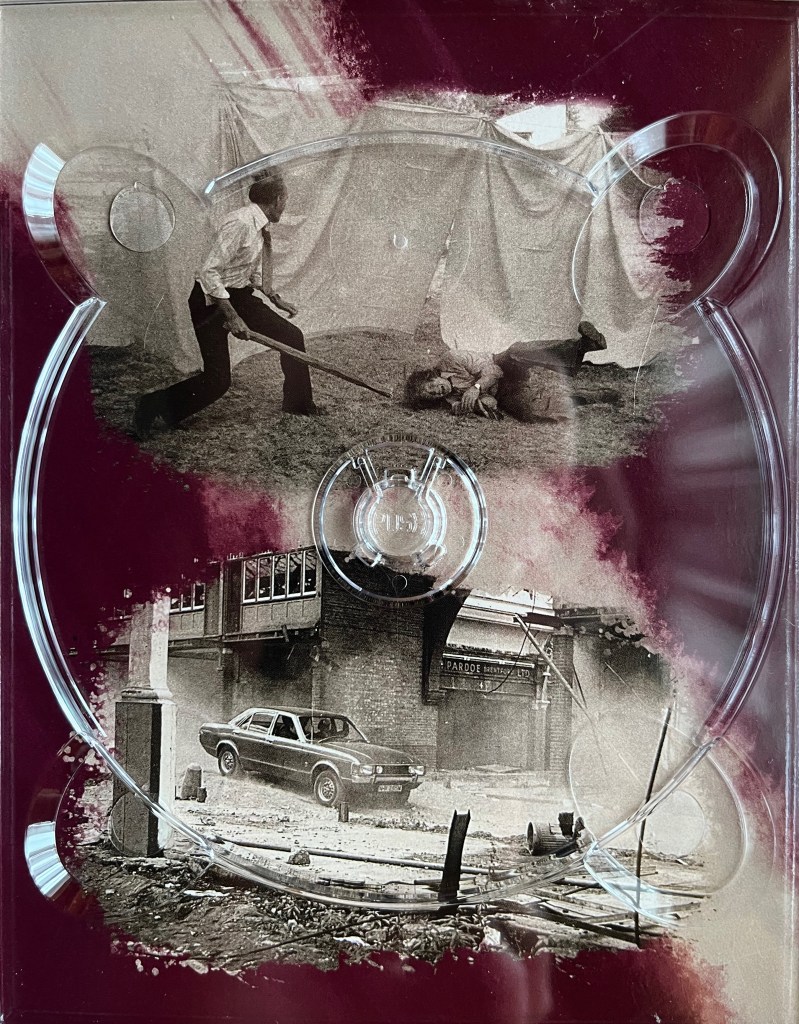 Two black and white photos. The top one shows a man brandishing a long stick while another man lays on the floor next to him looking in pain, while the bottom  photo shows a car parked outside a building. The images are placed on a red background, and are from one of the panels in the Blu-ray box set for The Sweeney Series 3.