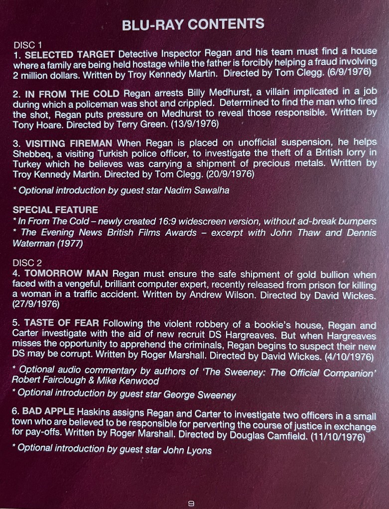 A page from the booklet in the Blu-ray set for The Sweeney Series 3, showing the episodes and extra features on discs 1 and 2.