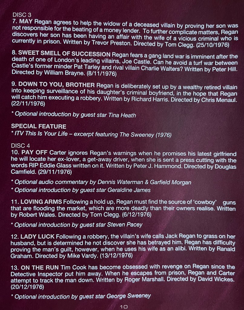 A page from the booklet in the Blu-ray set for The Sweeney Series 3, showing the episodes and extra features on discs 3 and 4.