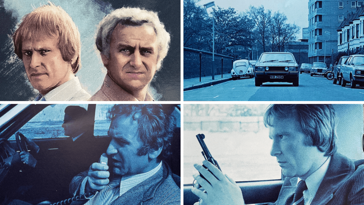 Collage of 4 images from the TV series The Sweeney. The top left image shows a colour image of Carter, played by Dennis Waterman, and Regan, played by John Thaw. The other 3 images show blue tinted images of a car driving down a street, Regan in a car talking on a radio, and Carter in a car holding a gun, from the title sequence of the show.