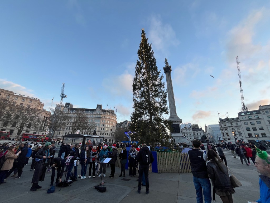 The tall Christmas tree in Trafalgar Square, with a group of carol singers stood at the base, and Nelson's column in the background.