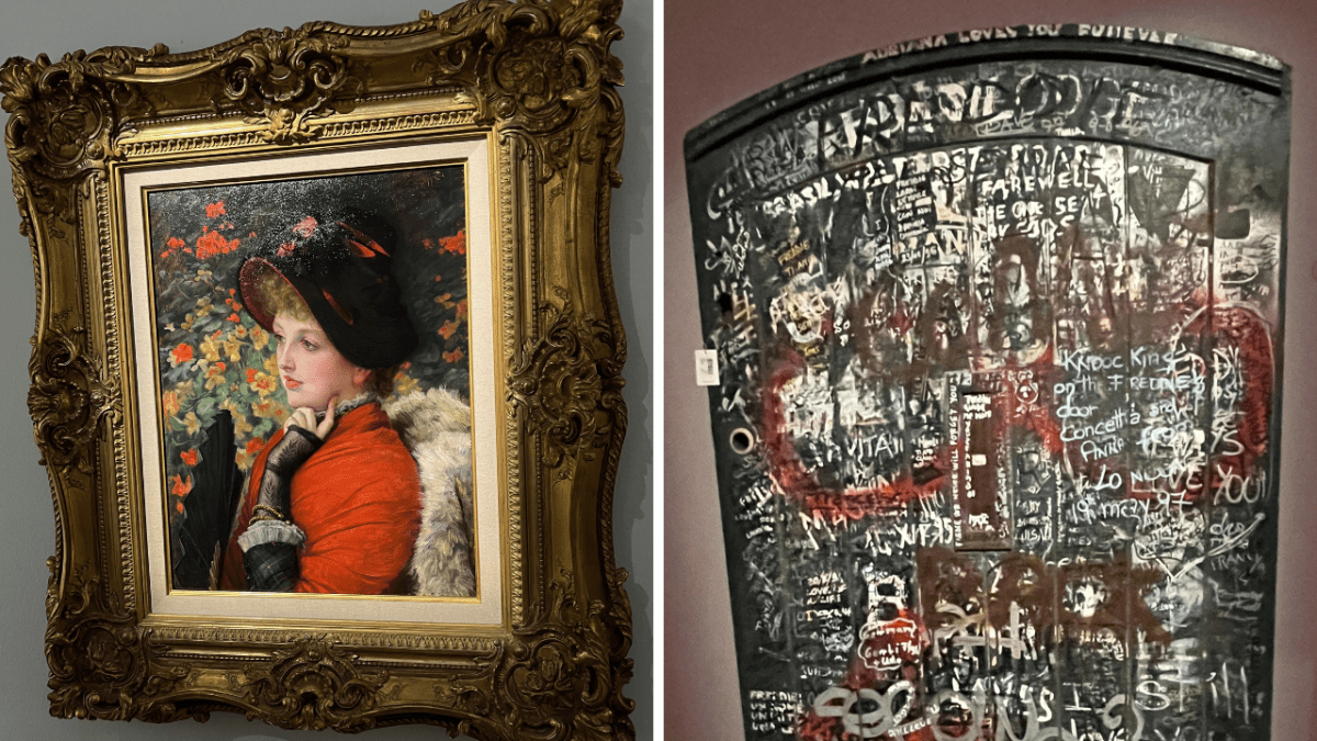 Two photos side by side. On the left is a painting called Type of Beauty, Portrait of Mrs. Kathleen Newton, by James-Jacques-Joseph Tissot. It is a half-length portrait of a woman posing and looking thoughtful, resting a finger on her lower left cheek, while wearing a black hat and a red top, in front of a flowery background of nasturtiums and geraniums. On the right is the large green door to Garden Lodge covered in graffiti from fans in tribute to Freddie Mercury.