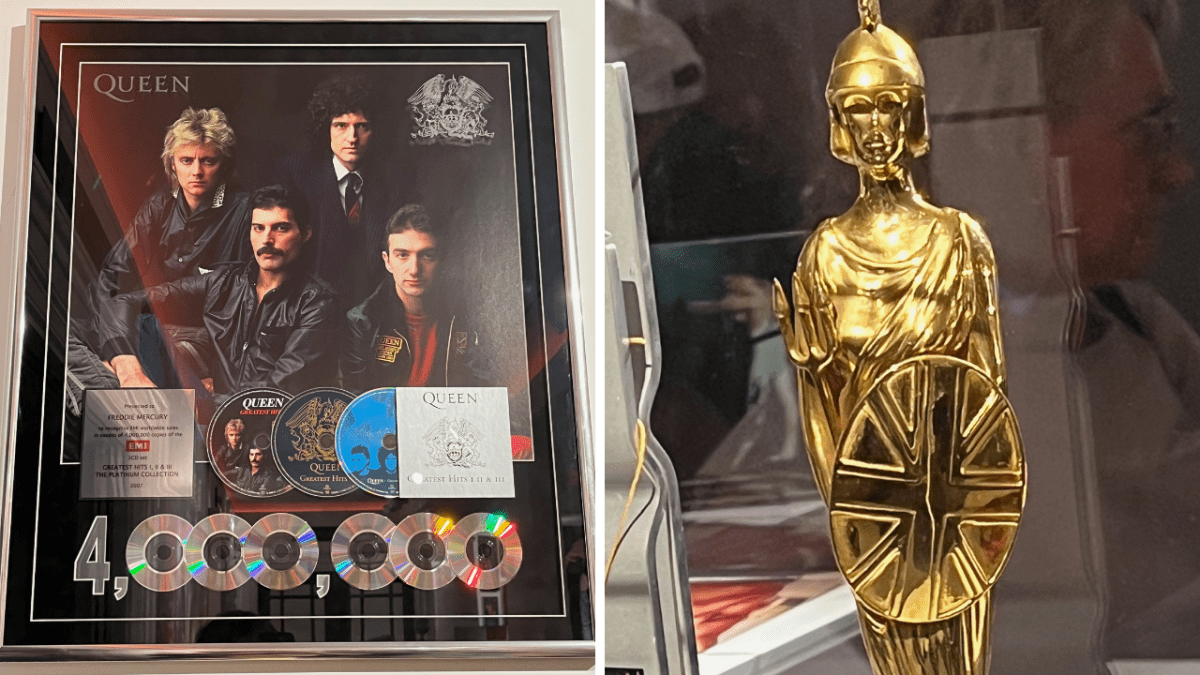 Two photos side by side. On the left is a large framed award for 4 million sales of the Platinum Collection box set of Queen's Greatest Hits 1, 2 and 3. The top half of the award shows the 4 band members posing together in dark jackets. Below that is a plaque with text dedicating the award to the band, along with an image of the 3 CDs and the cover of the box set. At the bottom, the number 4 million is expressed as a number, with the six zeroes made of silver CDs with holes in the centre, while the number 4 and the commas separating the thousands are a similar silver colour to match the discs. The picture on the right, meanwhile, shows a Brit award, which is a gold coloured statue of Britannia wearing a helmet and holding a shield with the Union Jack flag on it.