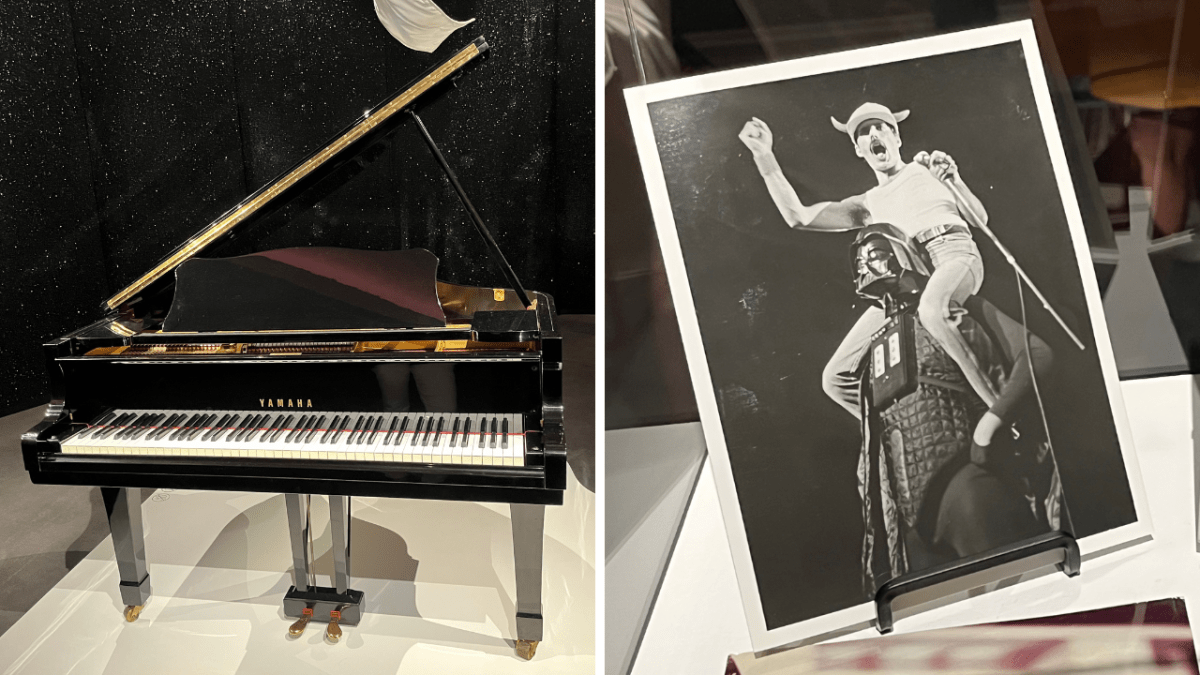 Two photos side by side. On the left is a black Yamaha Baby Grand Piano, which is actually quite large despite the name, on which Freddie Mercury composed Bohemian Rhapsody. On the right is a black and white photo showing Freddie wearing a hat with horns as he rides on the shoulders of someone dressed as Darth Vader.