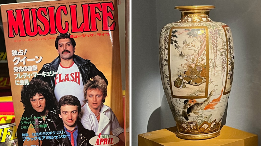Two photos side by side. On the left is an edition of the Japanese magazine Music Life from 4 April 1981. The cover shows an image of the band Queen. Freddie Mercury is standing at the back with his hands on his hips, his leather jacket opened to reveal the Flash logo from Flash Gordon on his white t-shirt. Fellow band members Brian, John and Roger are posing together lower down in front of him. On the right, meanwhile, is a large Japanese vase with ornately designed panels all the way around it. The one facing us depicts a samurai and a young retainer seated beneath pine and maple trees. A group of 4 fish are swimming by beneath the panel.