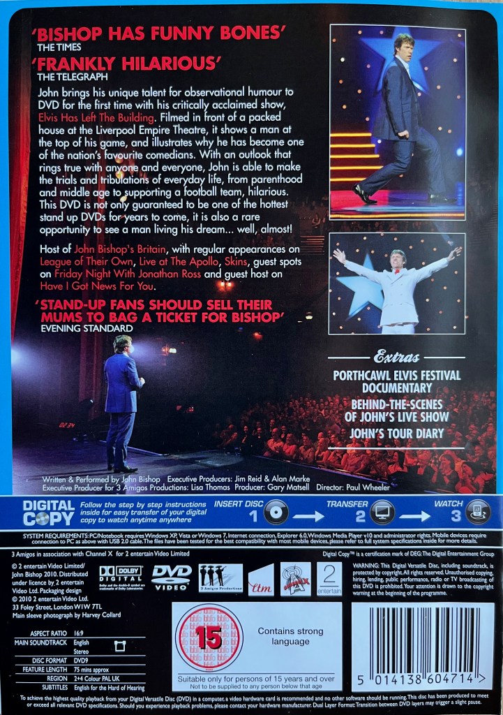 Back cover of John Bishop's DVD Elvis Has Left The Building. It shows a few images of John performing on stage, alongside the description of the show and the list of extra features.