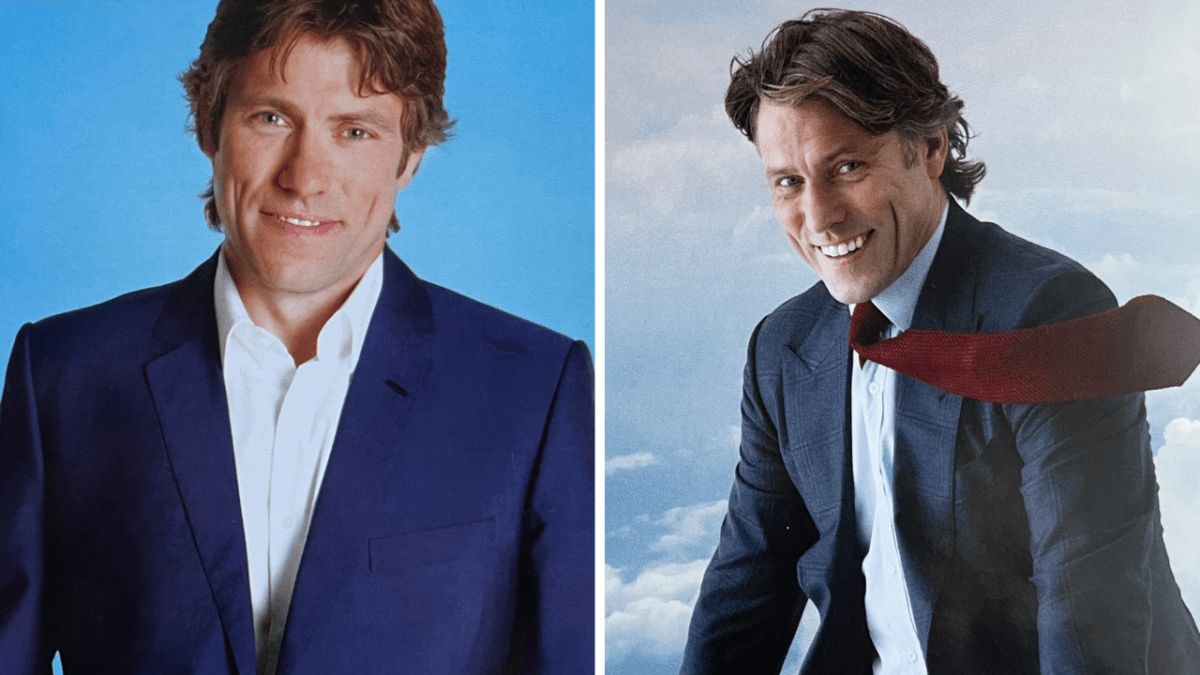2 photos of comedian John Bishop. On the left, he's standing and smiling slightly while wearing a dark blue jacket over a white shirt. On the right he's smiling widely while wearing a dark grey jacket over a white shirt, with his red tie being blown to the right by a strong wind.