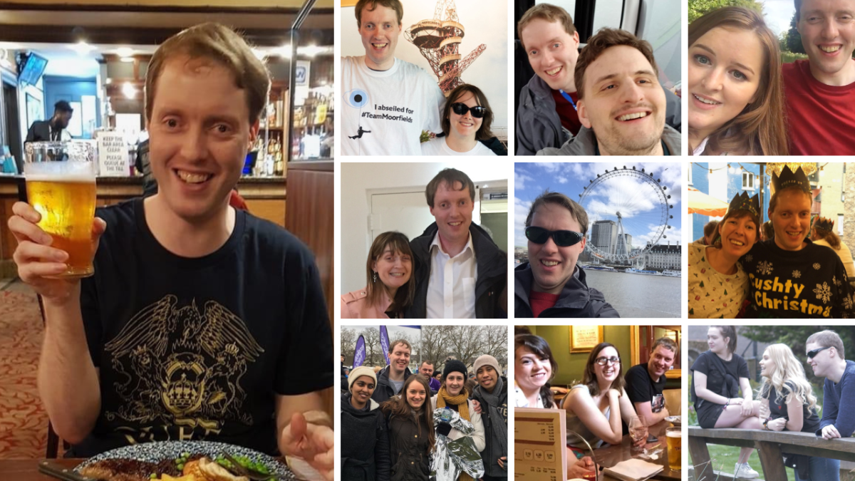 A collage of 10 photos of Glen, consisting of a tall photo on the left, and a grid of 9 smaller photos on the right. The left image shows Glen in a pub, wearing a dark navy t-shirt with the crest of the band Queen on it. He is smiling broadly as he holds up a pint of cider. In the 3 by 3 grid on the right, the central square is a selfie of Glen smiling and wearing his green-tinted sunglasses with the big London Eye observation wheel in the background on the other side of the River Thames. The 8 pictures around it show Glen with various people. The 3 images in the top row show him with Claire, James and Emily. The left and right images on the middle row show him with Fern and Jessica. And the 3 images on the bottom row show him with members of the East London Vision group, the RNIB Connect social group, and a couple of female students who filmed a documentary about him.