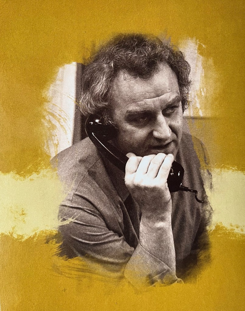 A black and white photo of Regan talking on the telephone. The image is placed on a gold background, and is from one of the panels in the Blu-ray box set for The Sweeney Series 4.