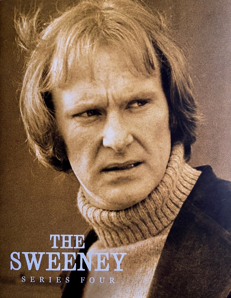 Front cover of the booklet included in the Blu-ray boxset for The Sweeney Series 4. It shows a gol-tinted image of George Carter wearing a roll-neck sweater.