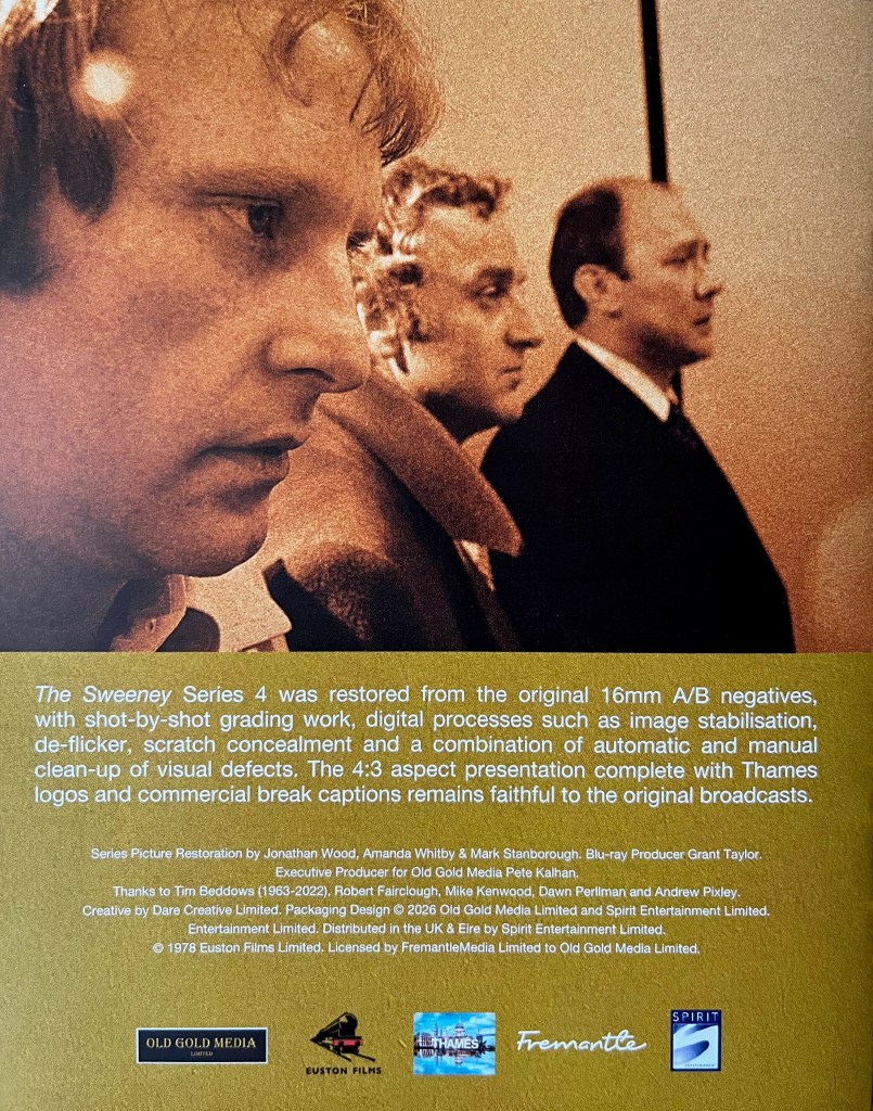 Back cover of the booklet included in the Blu-ray boxset for The Sweeney Series 4. It shows a gold-tinted image of Carter, Regan and Haskins standing in a line, looking to the right, with Carter closest to us, taken from the closing titles of the series. Below the image is text explaining how the episodes were restored and remastered from the original 16mm negatives.