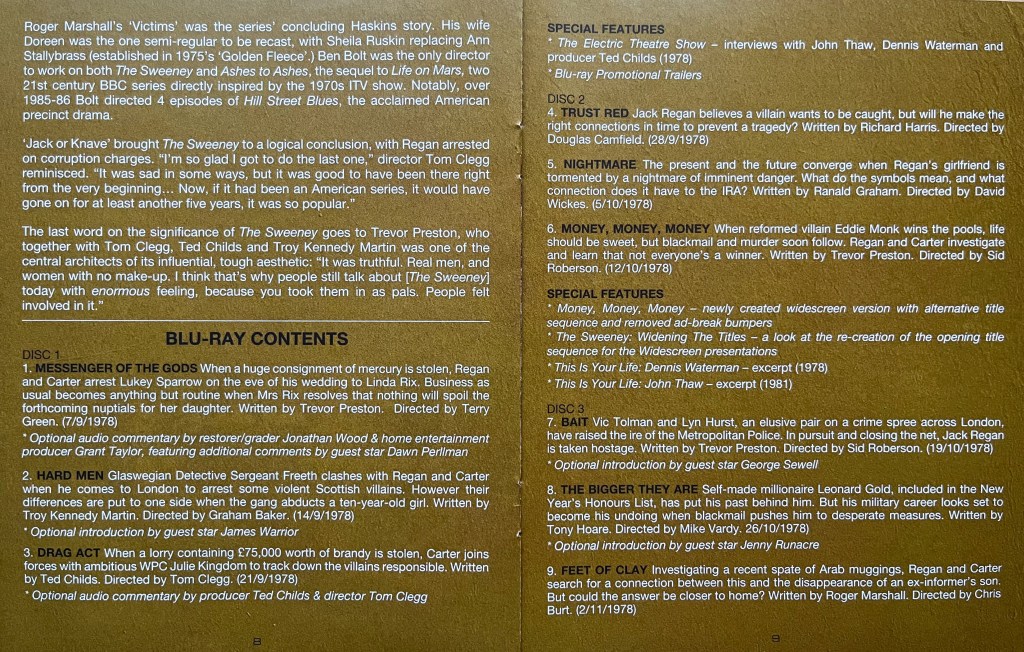 2 pages from the booklet in the Blu-ray set for The Sweeney Series 4, showing the episodes and extra features on discs 1 to 3 for episodes 1 to 9.