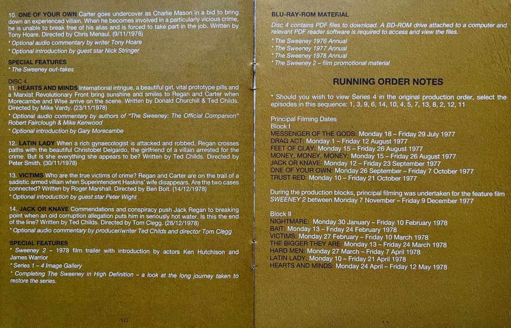 2 pages from the booklet in the Blu-ray set for The Sweeney Series 4, showing the episodes and extra features on discs 3 to 4 for episodes 10 to 14, along with the production schedule outlining when all the episodes were filmed.