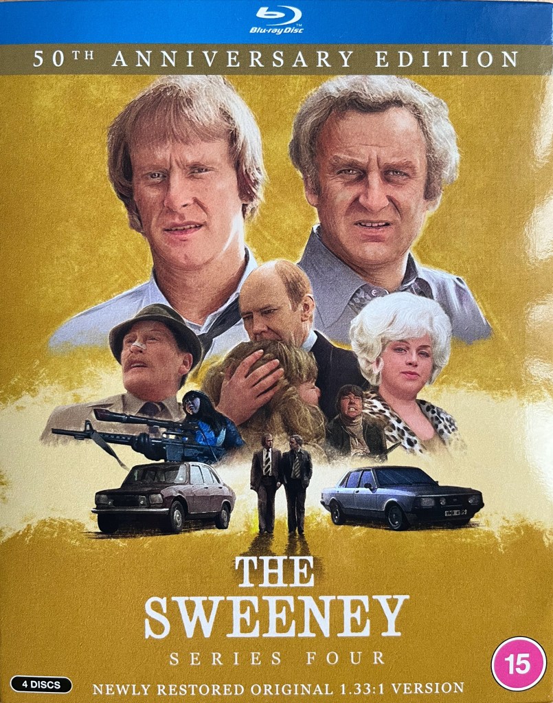 Front cover for The Sweeney Series 4 on Blu-ray, showing a large colour image of Regan and Carter, played by John Thaw and Dennis Waterman. Below them are images from the series including Haskins cuddling a young girl, a figure holding a gun, a couple of cars, and a few other characters from the series.