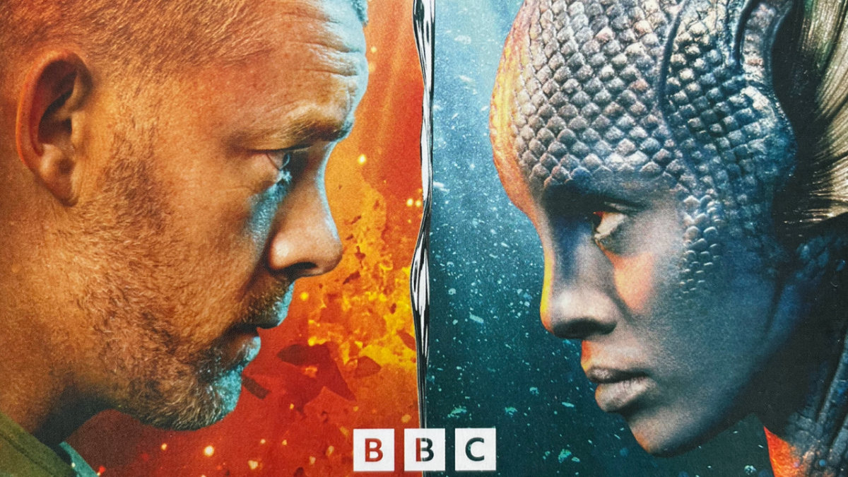 Blu-ray cover image for The War Between The Land And The Sea. The image is split into two vertical halves. On the left is a headshot of Barclay, a man with extremely short hair so he looks almost bald, in front of a background of fiery explosions. On the right is a headshot of Salt, a female with blue skin and a scaly forehead, in front of an underwater background. The two of them face each other across the watery dividing line in the centre of the image with stern looks on their faces.