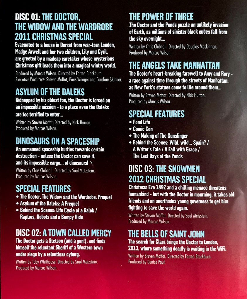 A page from the booklet that came with the old Blu-ray edition of Doctor Who Series 7, showing brief descriptions of the first 8 episodes and lists of special features on the first couple of discs.