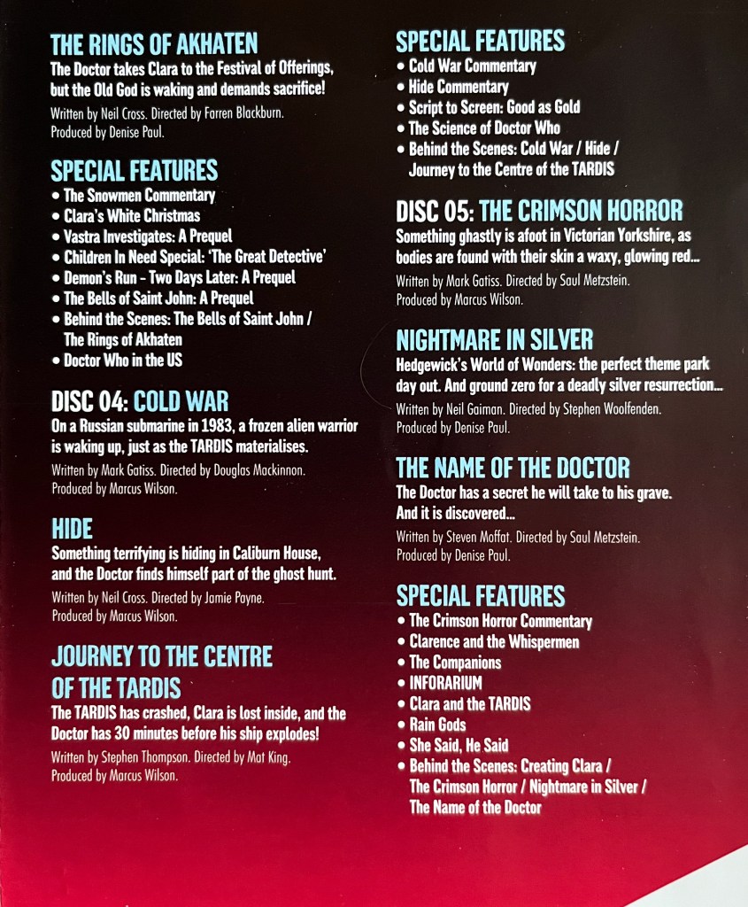 A page from the booklet that came with the old Blu-ray edition of Doctor Who Series 7, showing brief descriptions of the last 7 episodes and lists of special features on the last few discs.