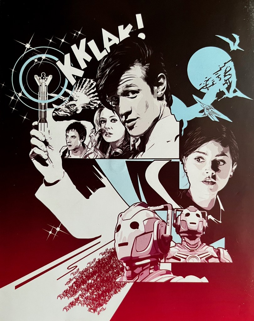 A black and white comic book style illustration representing Series 7 of Doctor Who, from the booklet that came with the old Blu-ray edition of the series. It shows the 11th Doctor holding up his sonic screwdriver, which makes a clack sound - spelt K K L A K - as he presses it, while around him are images of Amy, Rory, Clara and a couple of Cybermen.