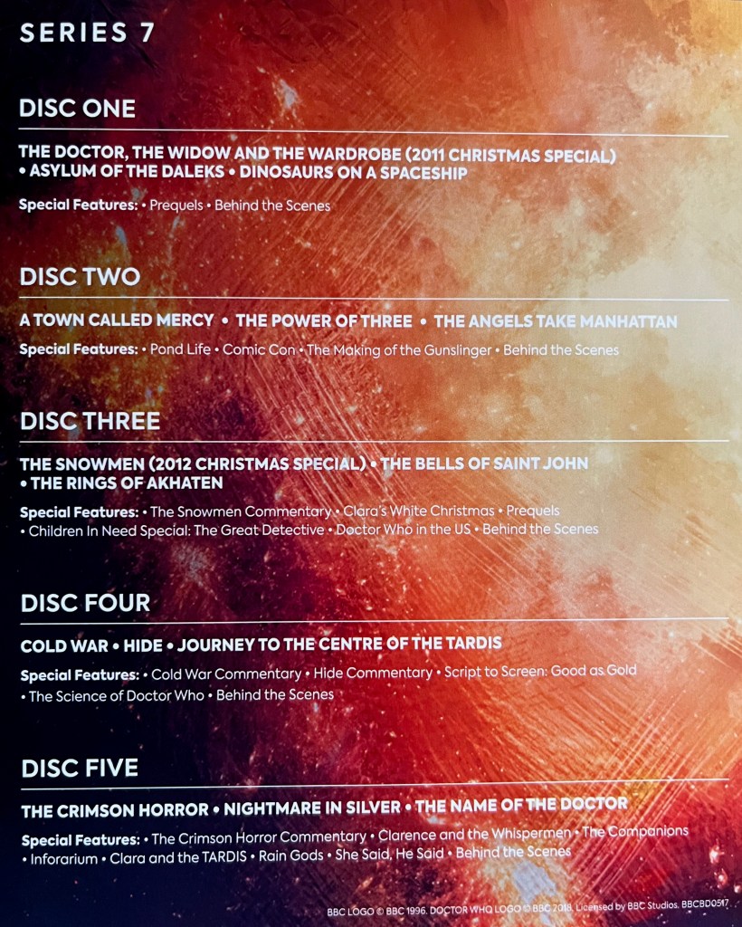 Rear side of the leaflet included with the Doctor Who Series 7 Blu-ray Steelbook, listing the episodes and extras on all of the discs.