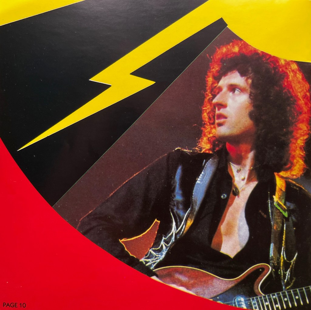 A photo of Brian May playing guitar from the booklet with the Flash Gordon album, with a yellow streak of lightning above him.