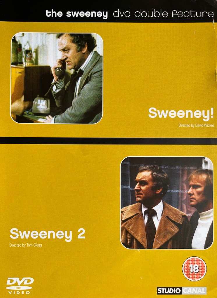 Front cover of the DVD for both Sweeney films. On the top half, next to the title Sweeney, is a photo of Regan on the phone, while on the bottom half, next to the title Sweeney 2, is a photo of Regan and Carter standing together.