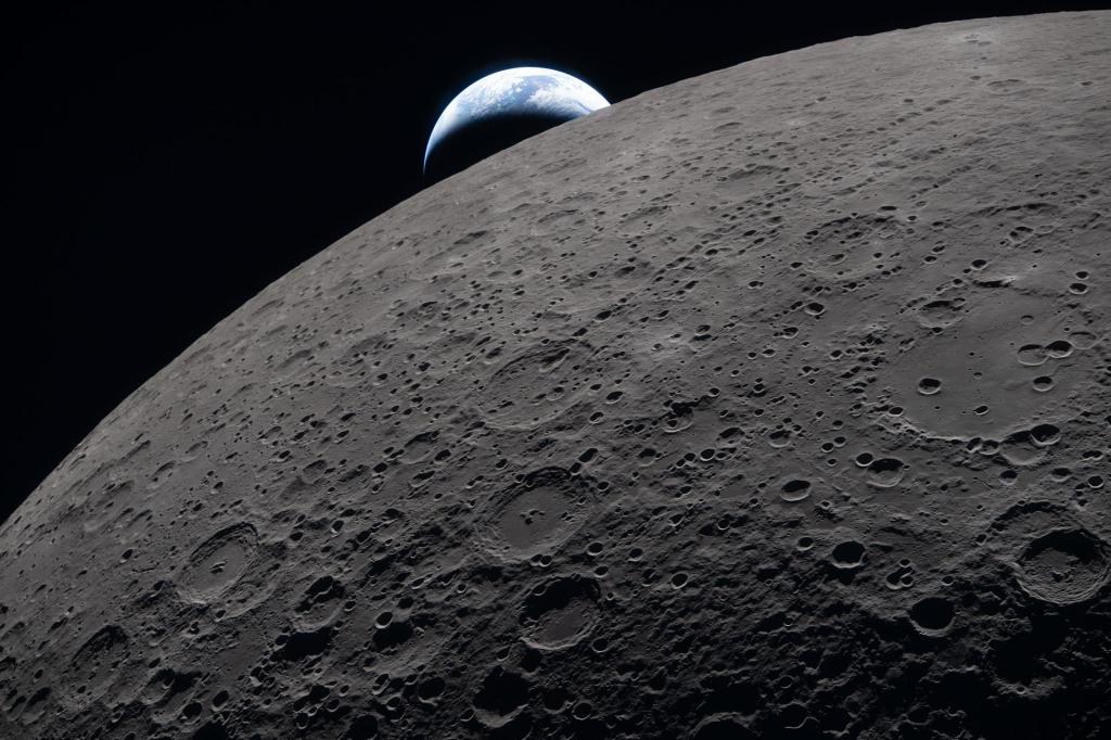 A closeup of a section of the moon, as the Earth sets over the horizon.