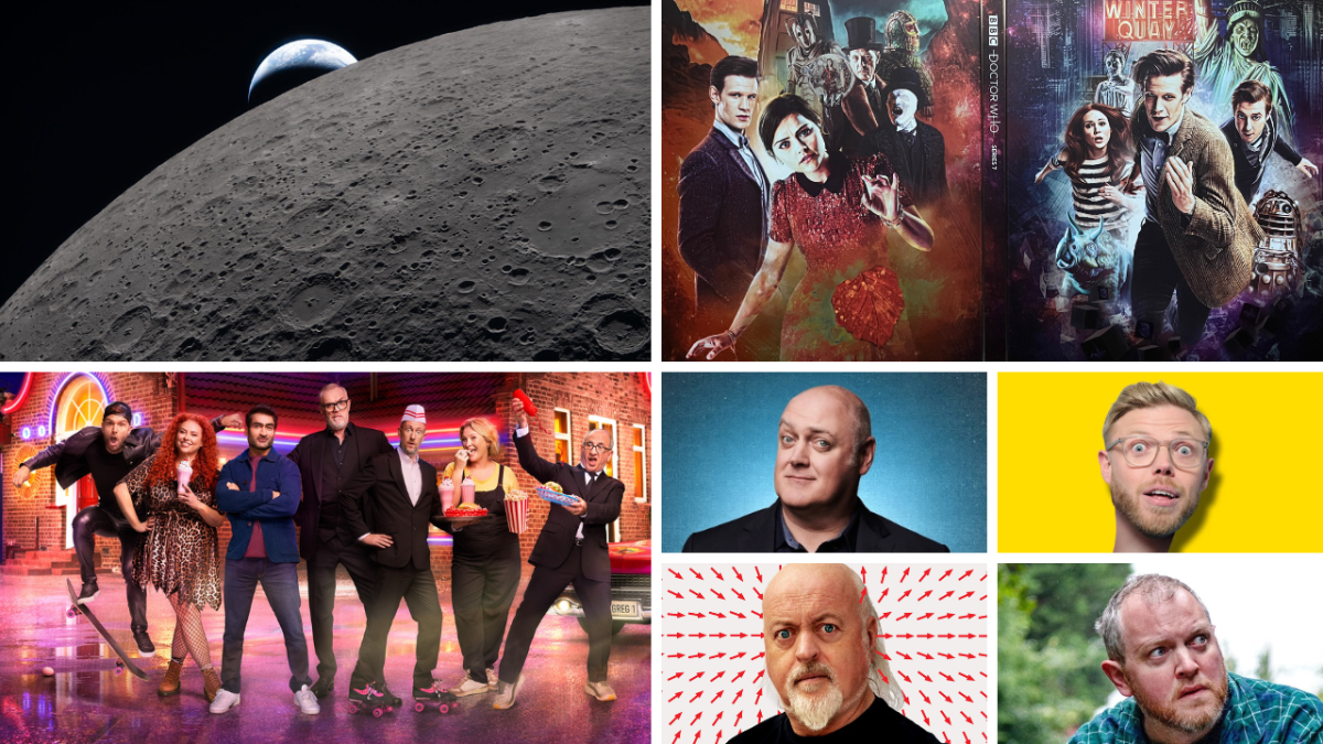 A collage of images laid out in a 2 by 2 grid, with the bottom right qiarter subdivided into a further 2 by 2 grid. The 3 larger images show the moon with the Earth behind it, the Blu-ray steelbook cover for Series 7 of Doctor Who, and the cast of Series 21 of Taskmaster. The bottom right quarter then shows the stand-up comedians Dara O Briain, Rob Beckett, Bill Bailey and Miles Jupp.