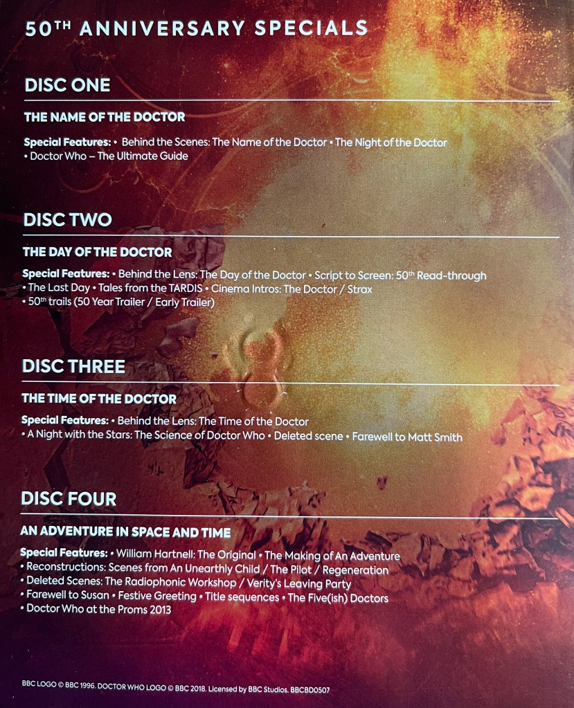 Rear side of the leaflet included with the Doctor Who 50th Anniversary Specials Blu-ray Steelbook, listing the episodes and extras on all of the discs.