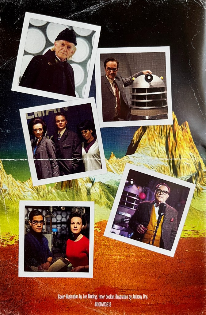 Back of the leaflet from the Blu-ray for the Doctor Who biographical drama An Adventure In Space And Time. It shows 5 photos of people from the series, two of whom are standing next to Daleks.