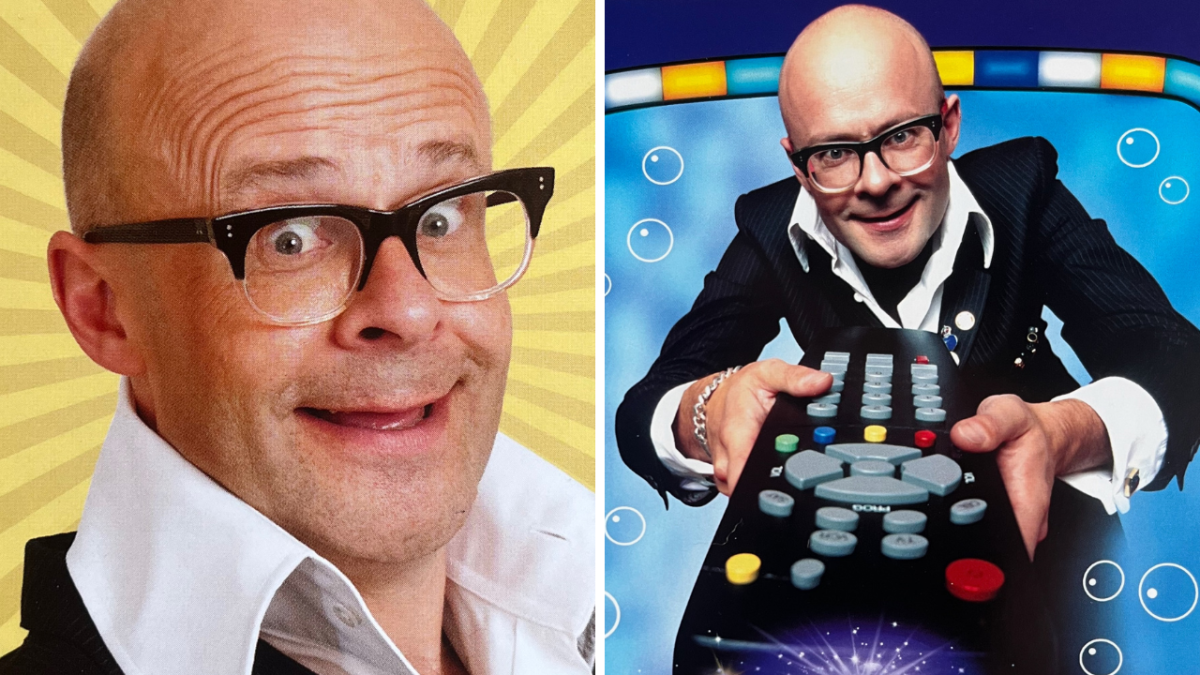 Two photos of comedian Harry Hill. He is bald and wearing glasses, while dressed in a black jacket over a white shirt with an oversized collar. The photo on the left is a head and shoulders shot, while the photo on the right shows him holding a very large remote control with two hands as he points it towards us.