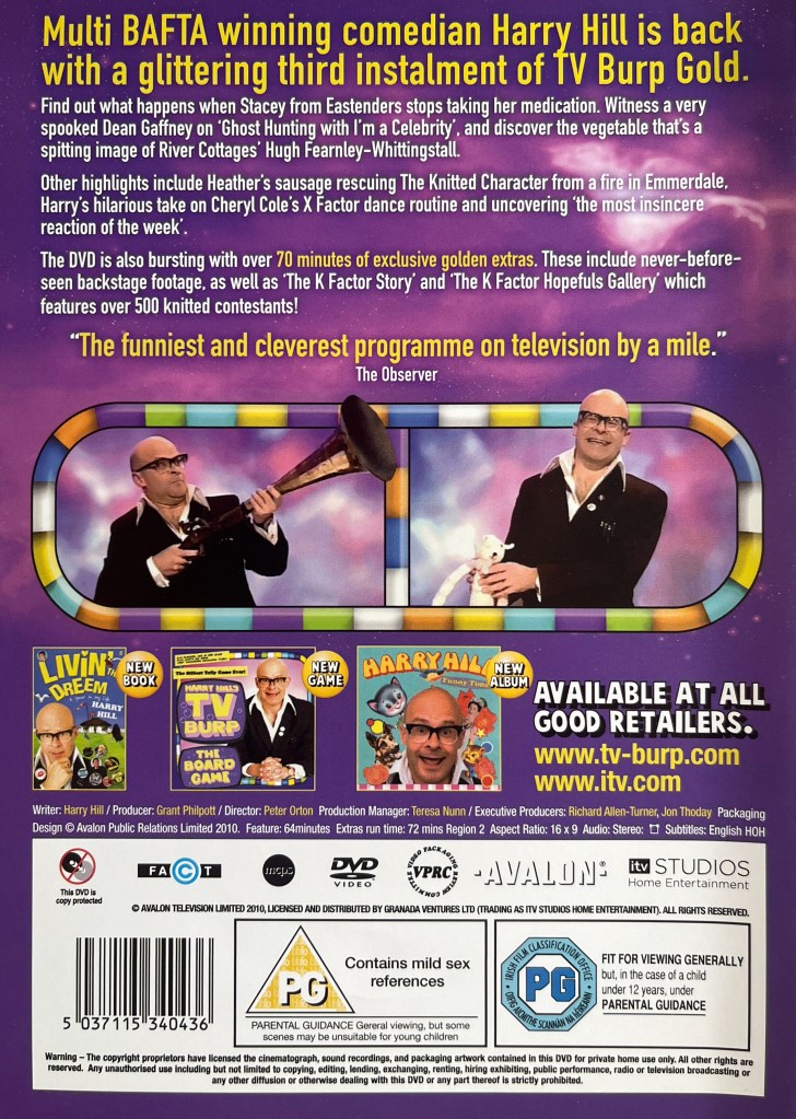Back cover of the DVD for Harry Hill's TV Burp Gold 3, showing images of Harry with a large gun and the small knitted character from the show, below the description of the DVD.